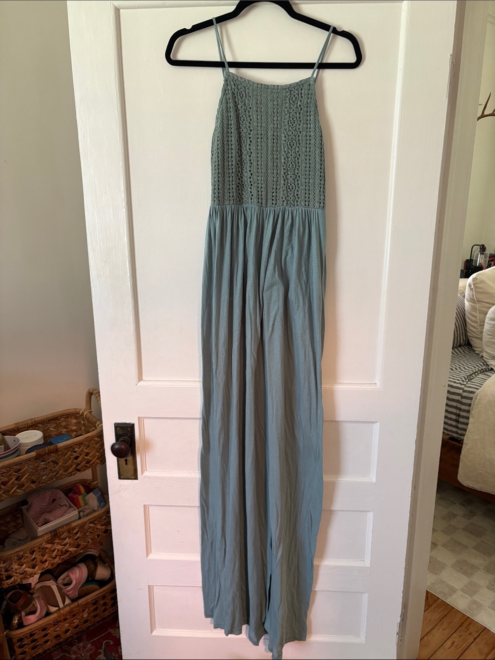 Nightcap Sage Green Crochet-Top Wide-Leg Jumpsuit
